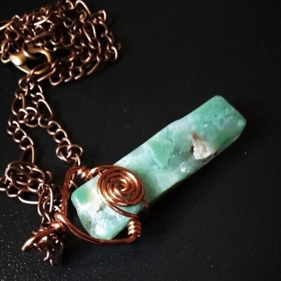 Rustic Teal Green Agate Bar Pendant w. Copper Figaro Chain - app 20" Wire Wrap - Picture 1 of 8